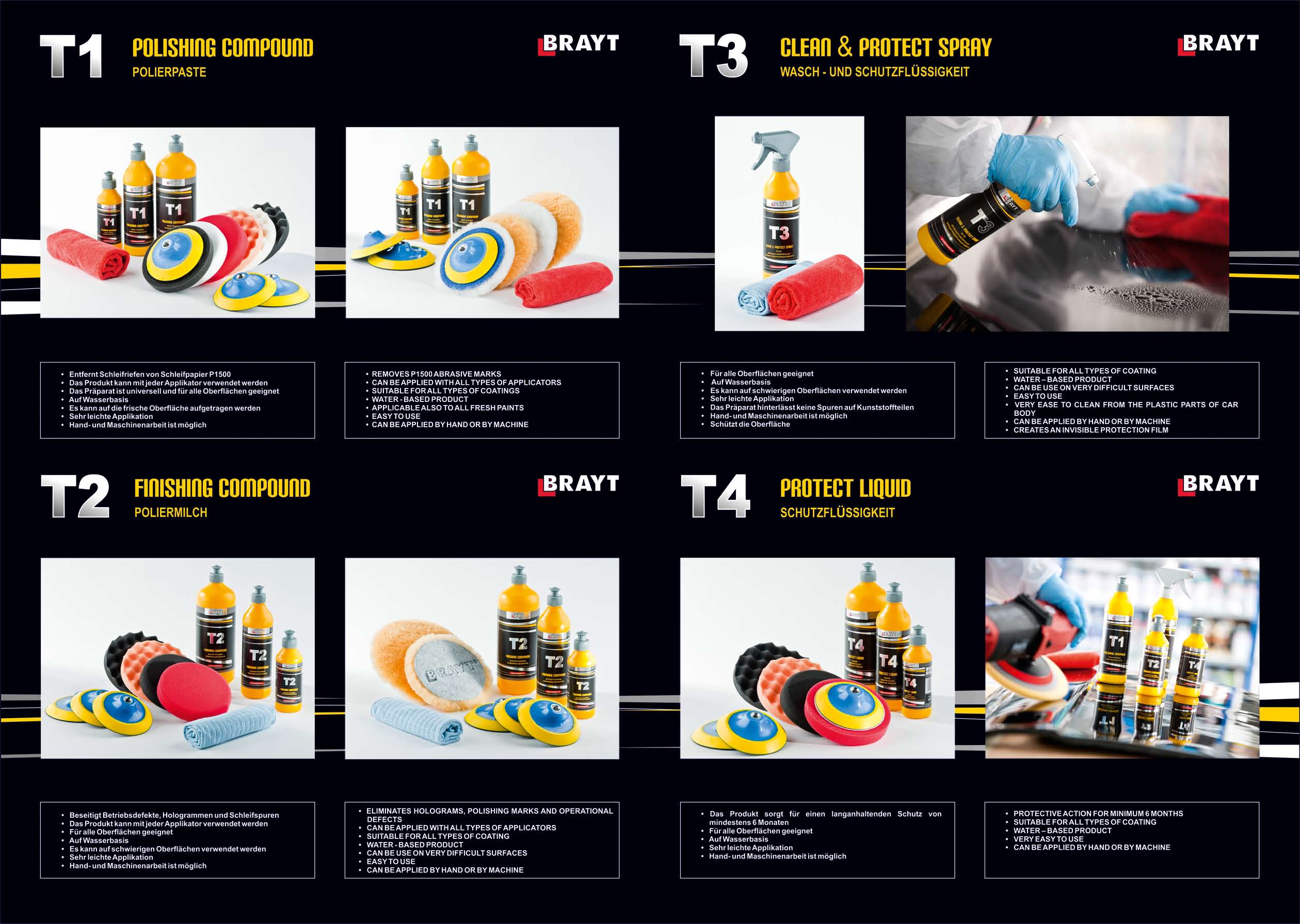 BRAYT Starter Set STRONG Schleifpaste Polierpaste Autopolitur T1 T2 T3 T4 + 2 Poliertücher